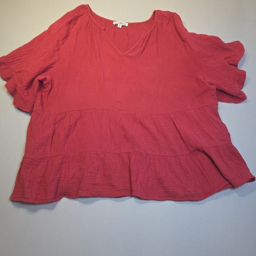 Perfectly Priscilla 2XL Coral Gauze Babydoll Top Boho Tiered Cotton V-Neck Plus